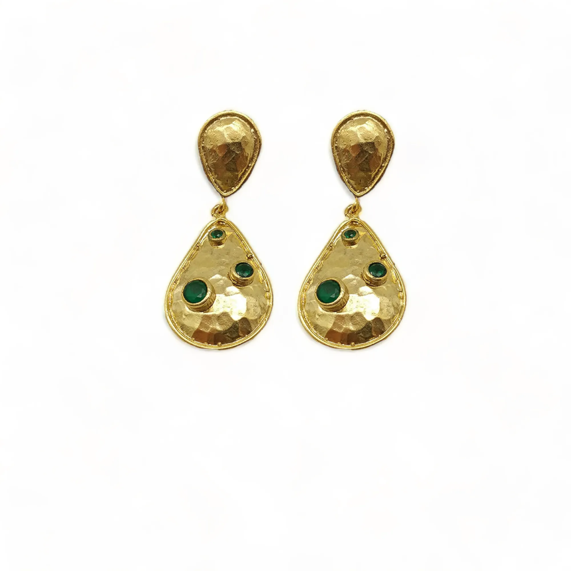 Gold-Plated Handmade Earrings with Emerald CZ Stones | Contemporary Double Drop Earrings | Elegant Modern Jewelry