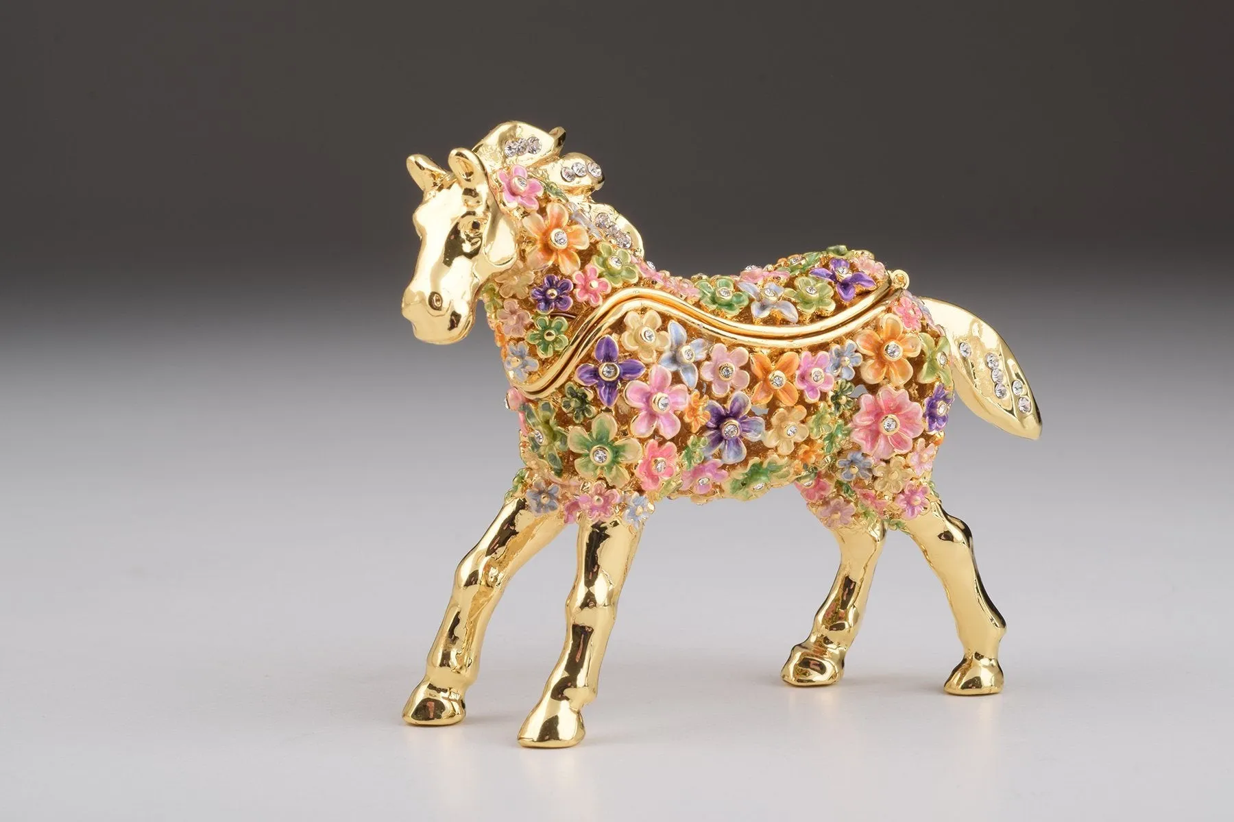 Gold with Colorful Flowers Horse Trinket Box