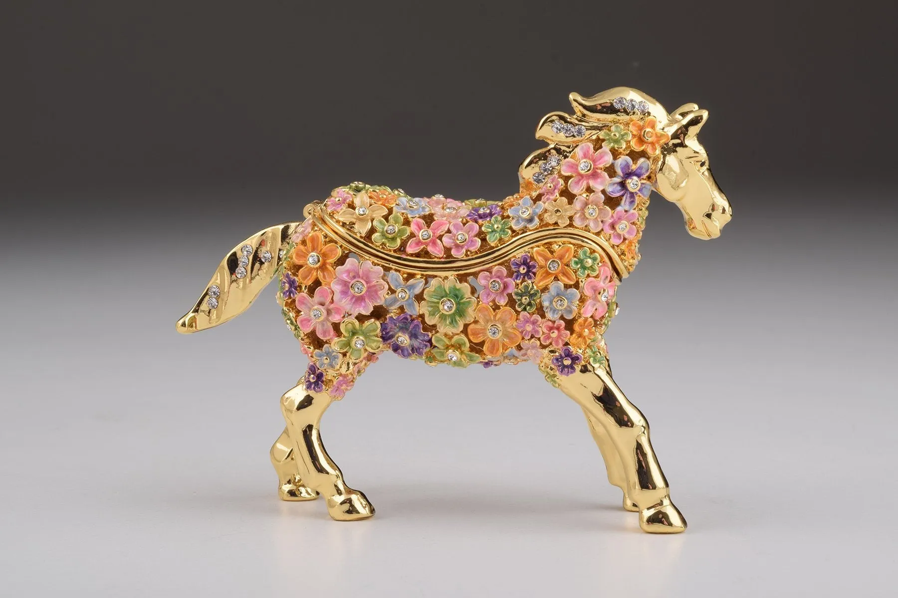 Gold with Colorful Flowers Horse Trinket Box