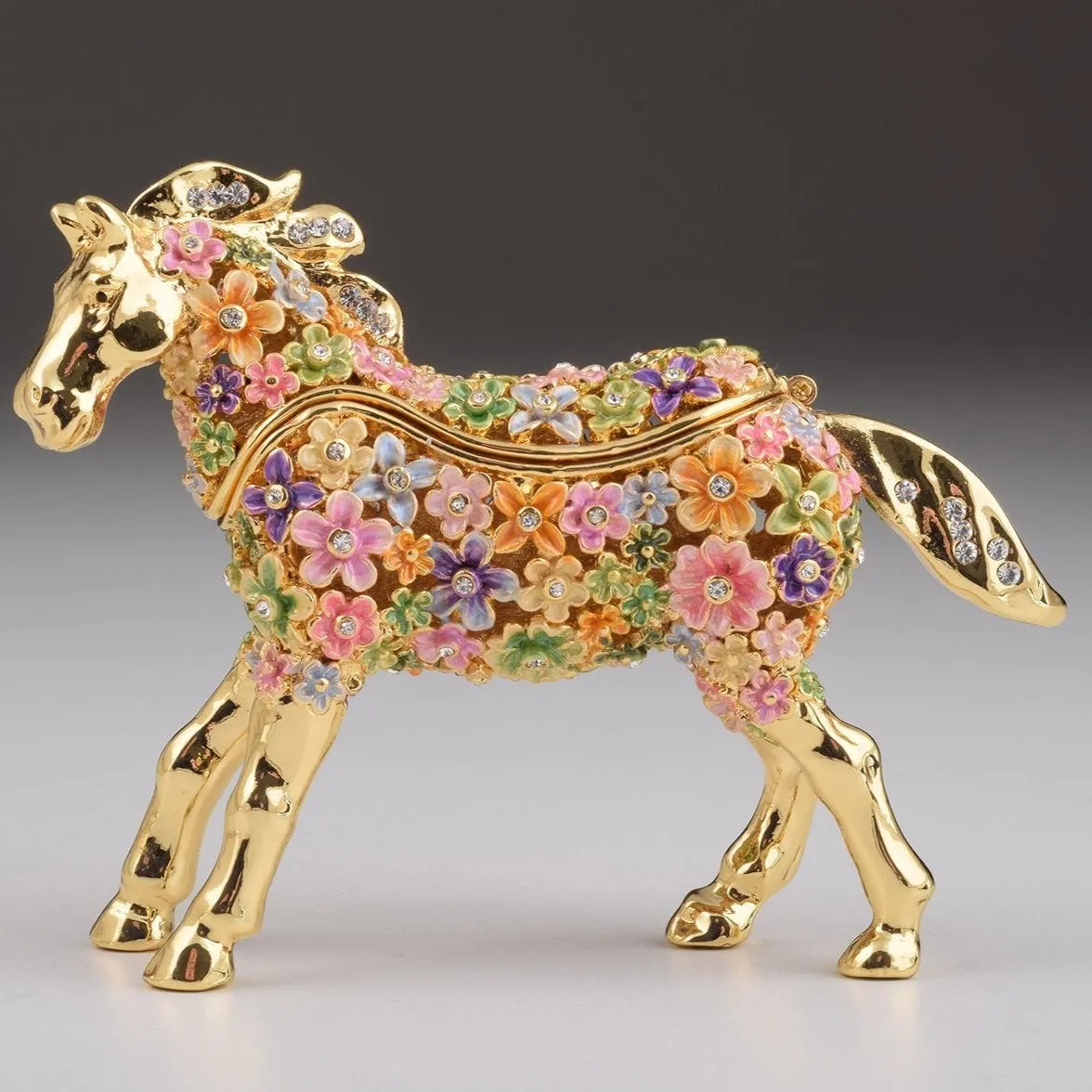 Gold with Colorful Flowers Horse Trinket Box
