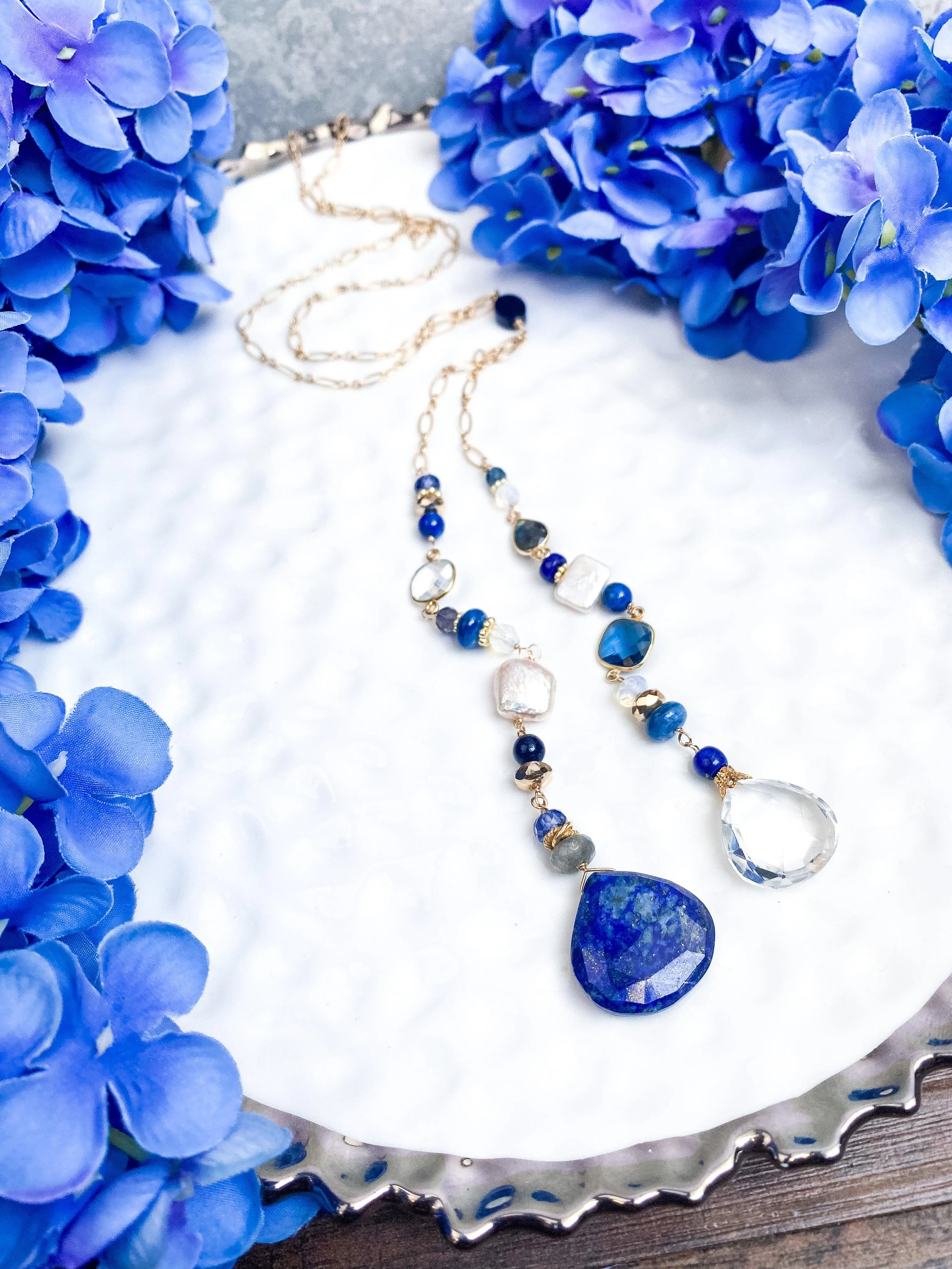 Golden Lapis Lariat Necklace