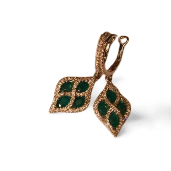 Gorgeous 14K White Gold Diamond Emerald Drop Hanging Earrings