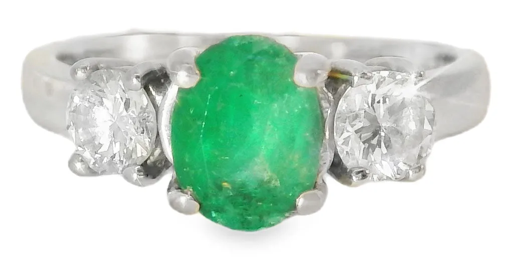 Gorgeous 14K White Gold Solitaire Diamond Emerald Engagement Anniversary 3-stone Ring Band