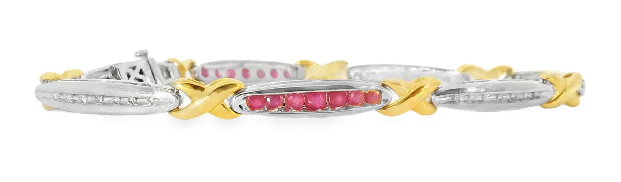 Gorgeous Estate 14K White Gold Ruby Diamond X Tennis Bracelet