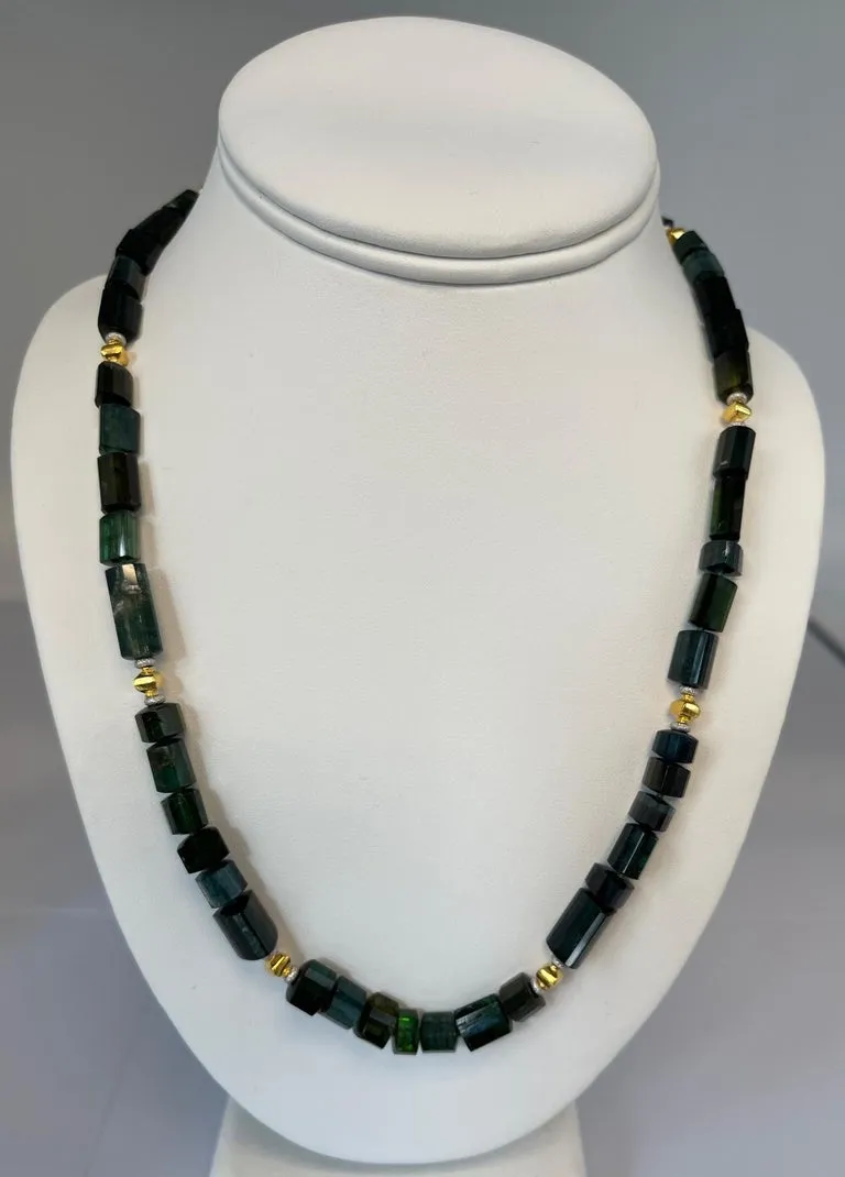 Green, Blue and Teal Tourmaline Beaded Necklace, 14k and 18k Gold, 20 Inches