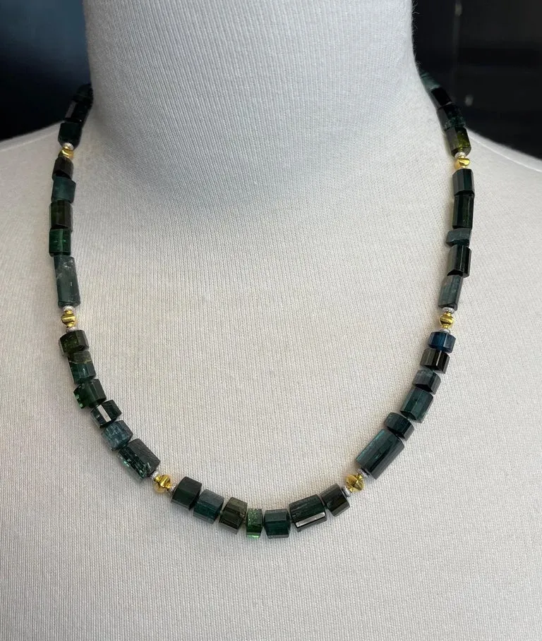 Green, Blue and Teal Tourmaline Beaded Necklace, 14k and 18k Gold, 20 Inches