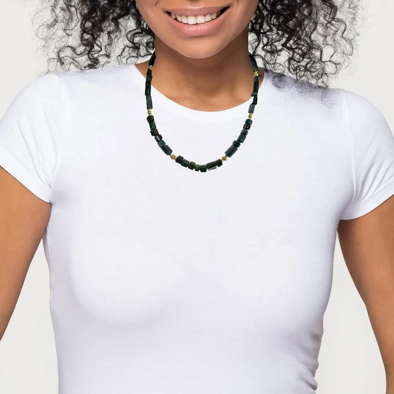 Green, Blue and Teal Tourmaline Beaded Necklace, 14k and 18k Gold, 20 Inches