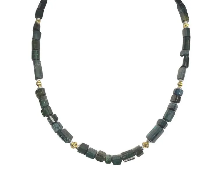 Green, Blue and Teal Tourmaline Beaded Necklace, 14k and 18k Gold, 20 Inches