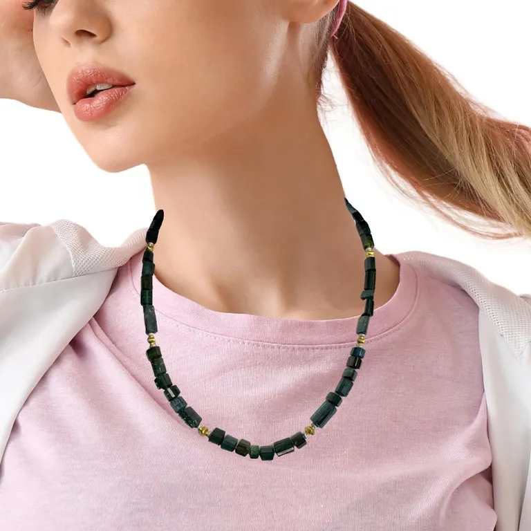 Green, Blue and Teal Tourmaline Beaded Necklace, 14k and 18k Gold, 20 Inches