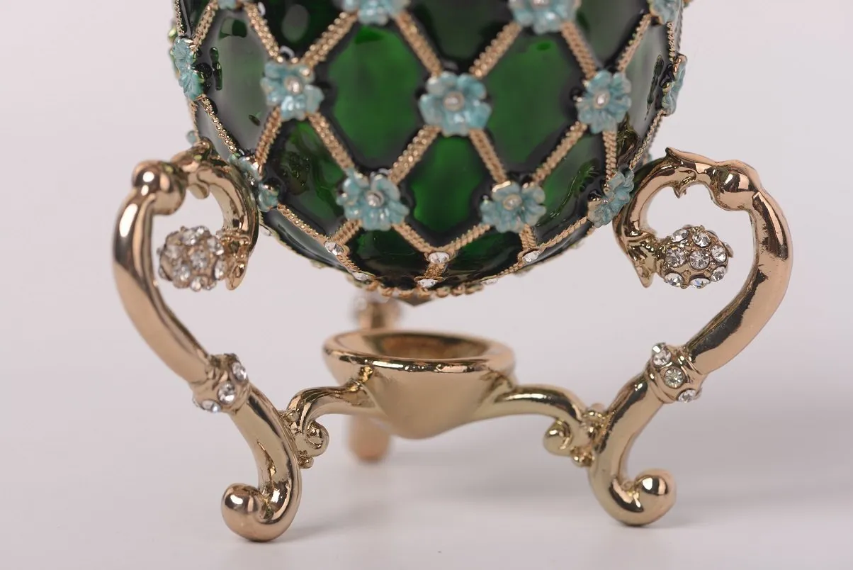 Green Faberge Egg with Blue Flowers & Gold Carriage Inside