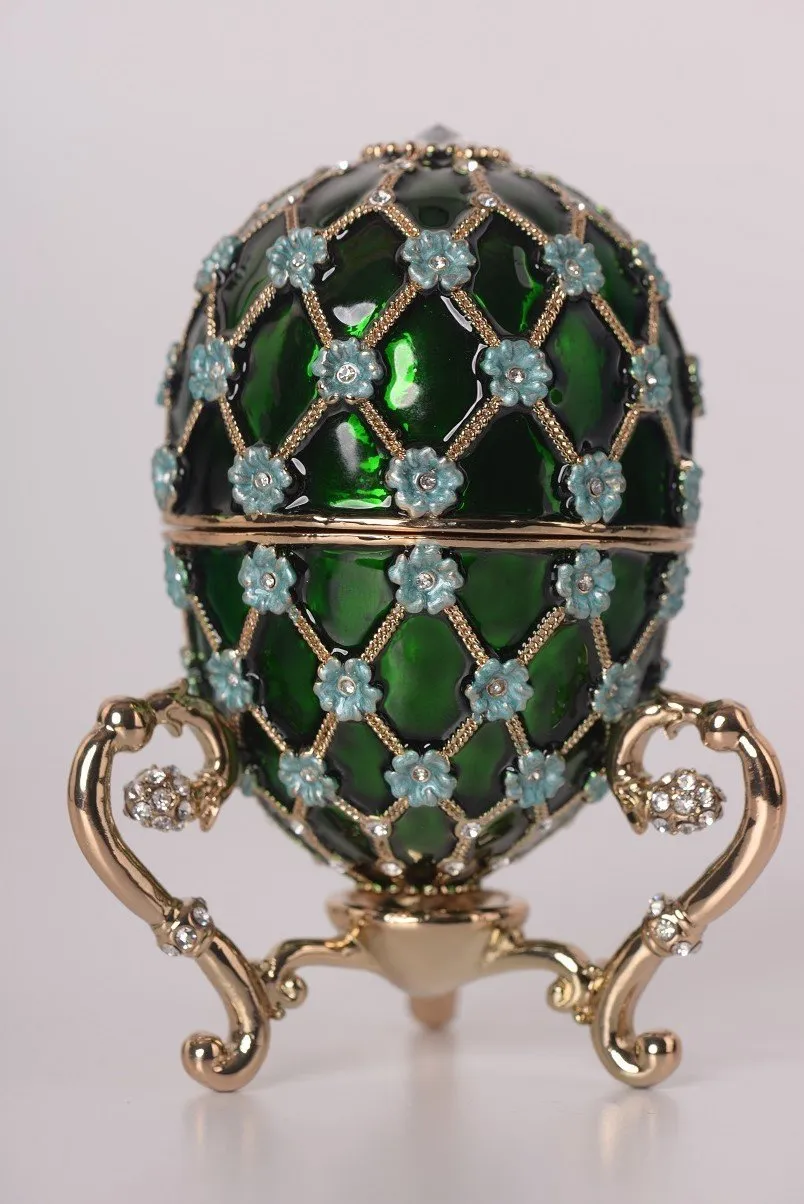 Green Faberge Egg with Blue Flowers & Gold Carriage Inside