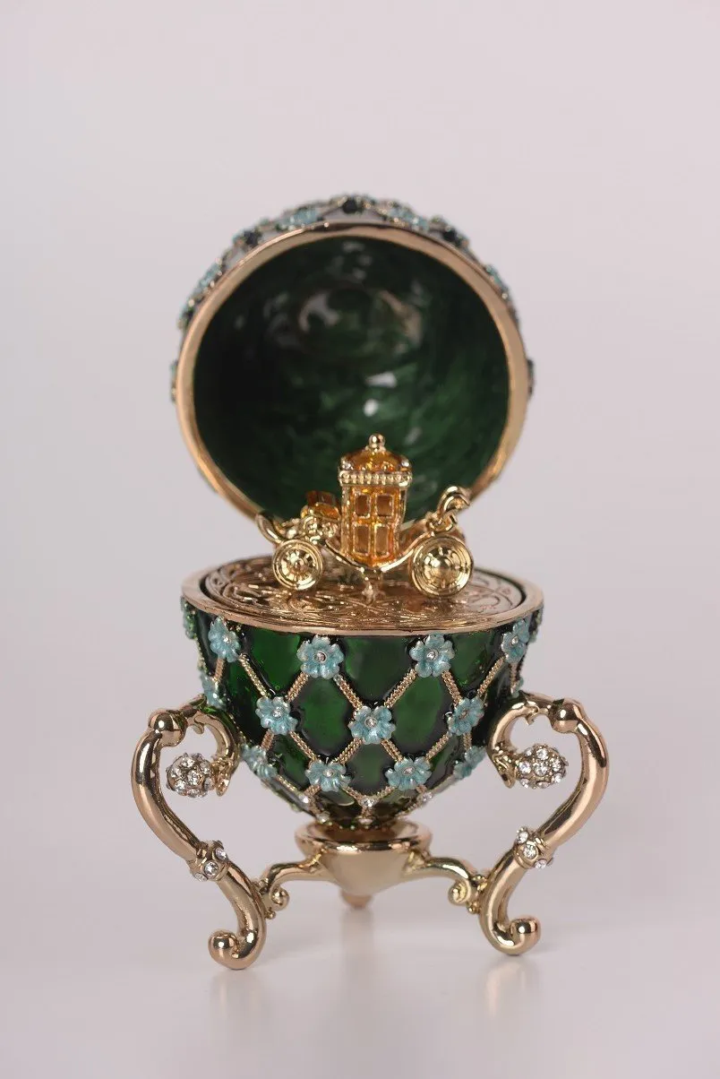 Green Faberge Egg with Blue Flowers & Gold Carriage Inside