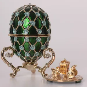 Green Faberge Egg with Blue Flowers & Gold Carriage Inside