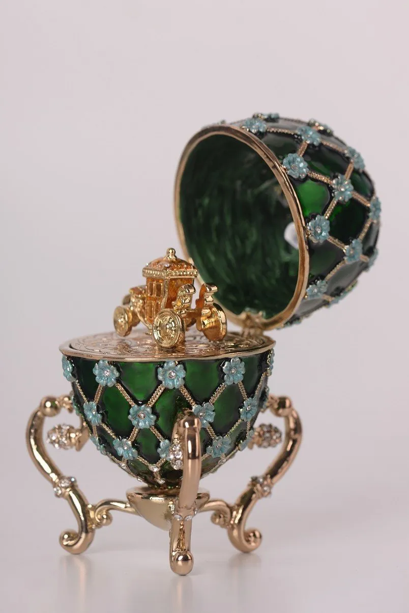 Green Faberge Egg with Blue Flowers & Gold Carriage Inside