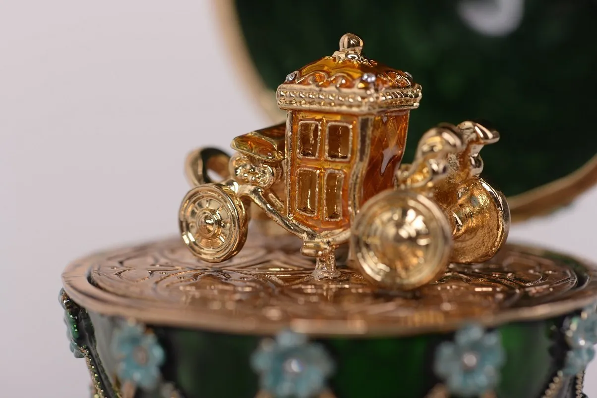 Green Faberge Egg with Blue Flowers & Gold Carriage Inside