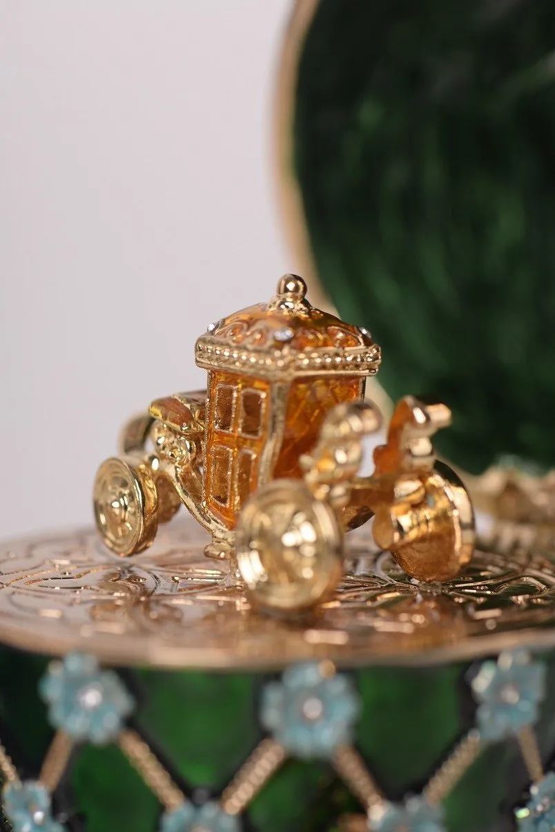 Green Faberge Egg with Blue Flowers & Gold Carriage Inside