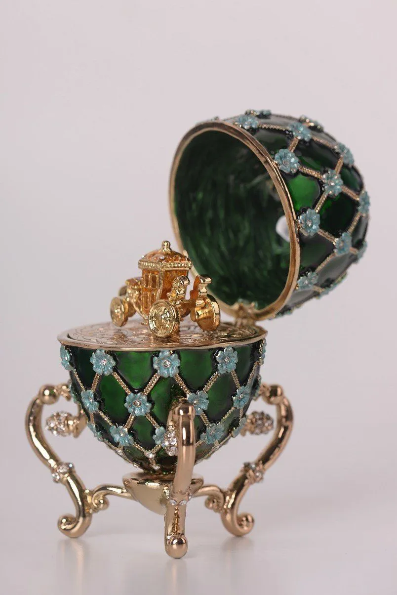 Green Faberge Egg with Blue Flowers & Gold Carriage Inside