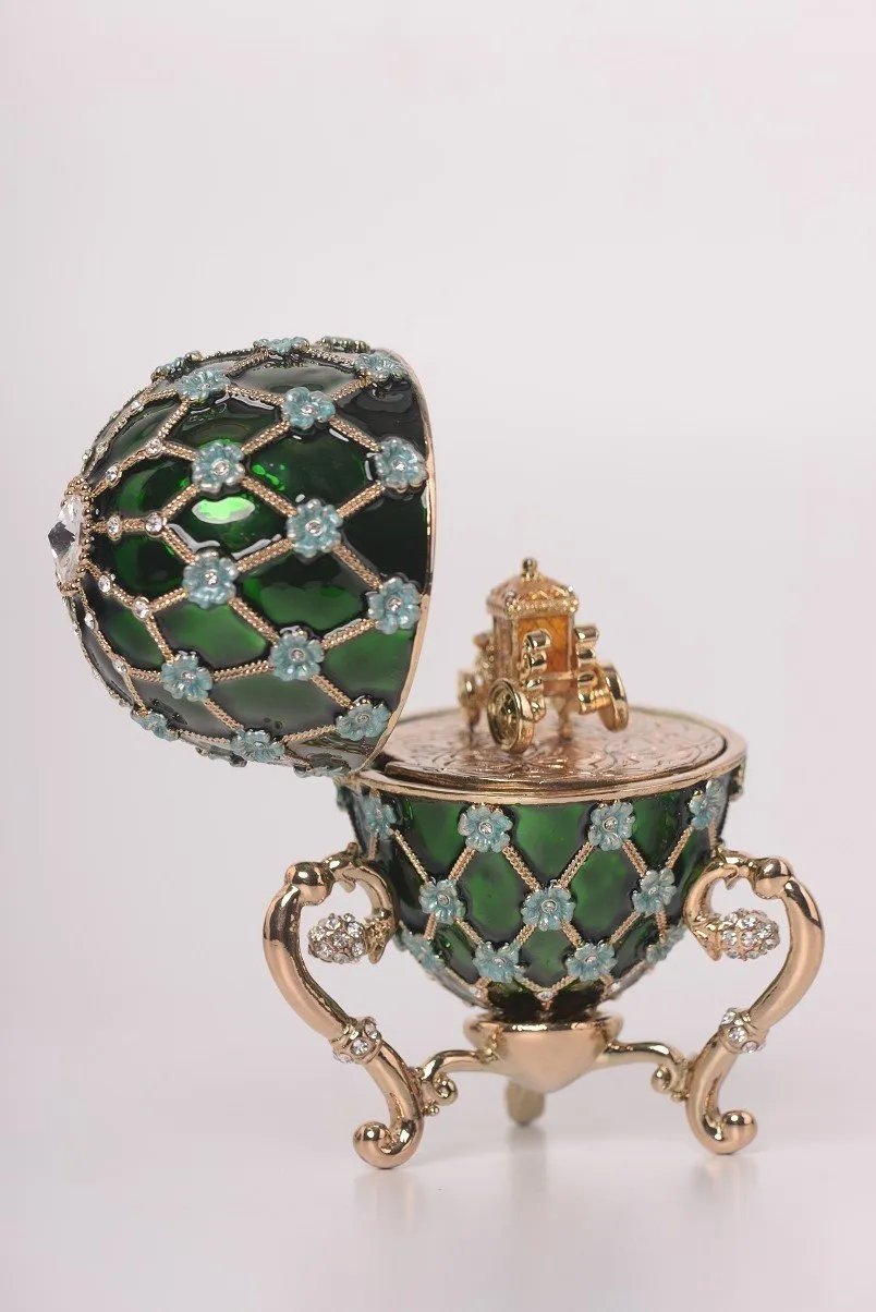 Green Faberge Egg with Blue Flowers & Gold Carriage Inside