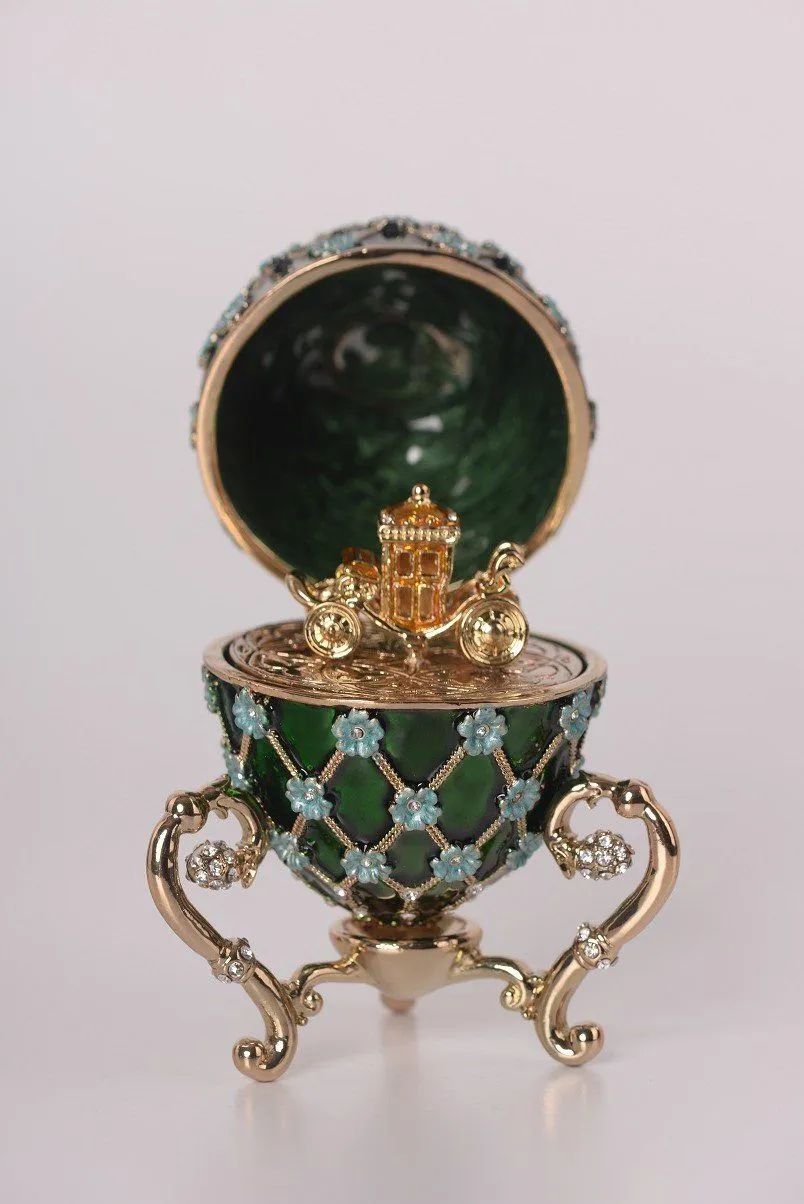 Green Faberge Egg with Blue Flowers & Gold Carriage Inside