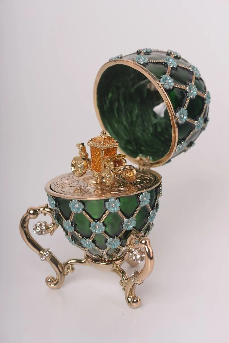 Green Faberge Egg with Blue Flowers & Gold Carriage Inside