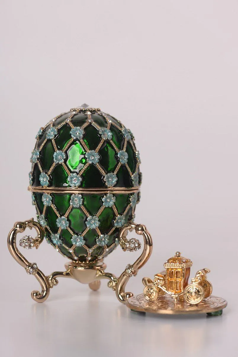 Green Faberge Egg with Blue Flowers & Gold Carriage Inside