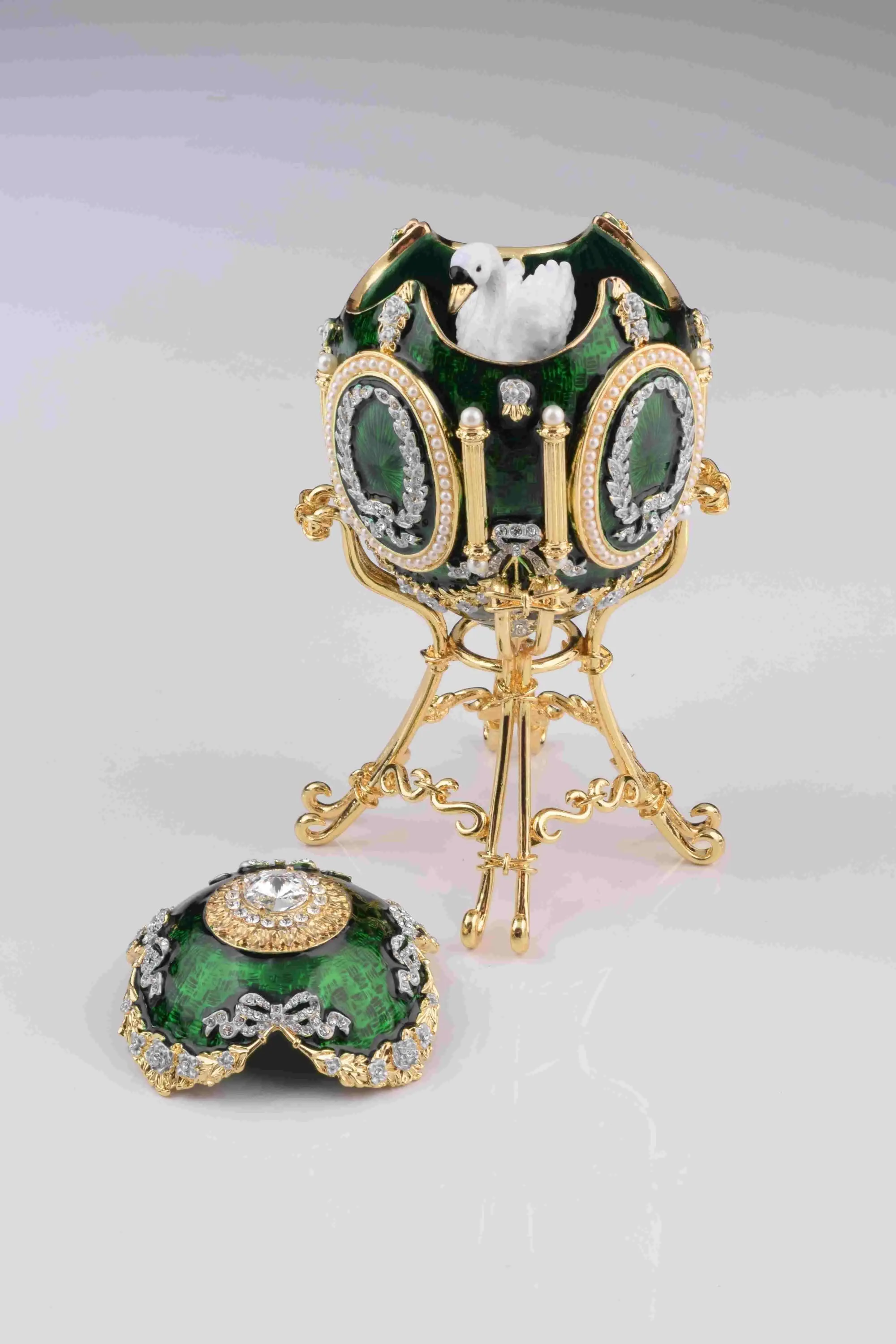 Green Faberge Egg with Swan Inside