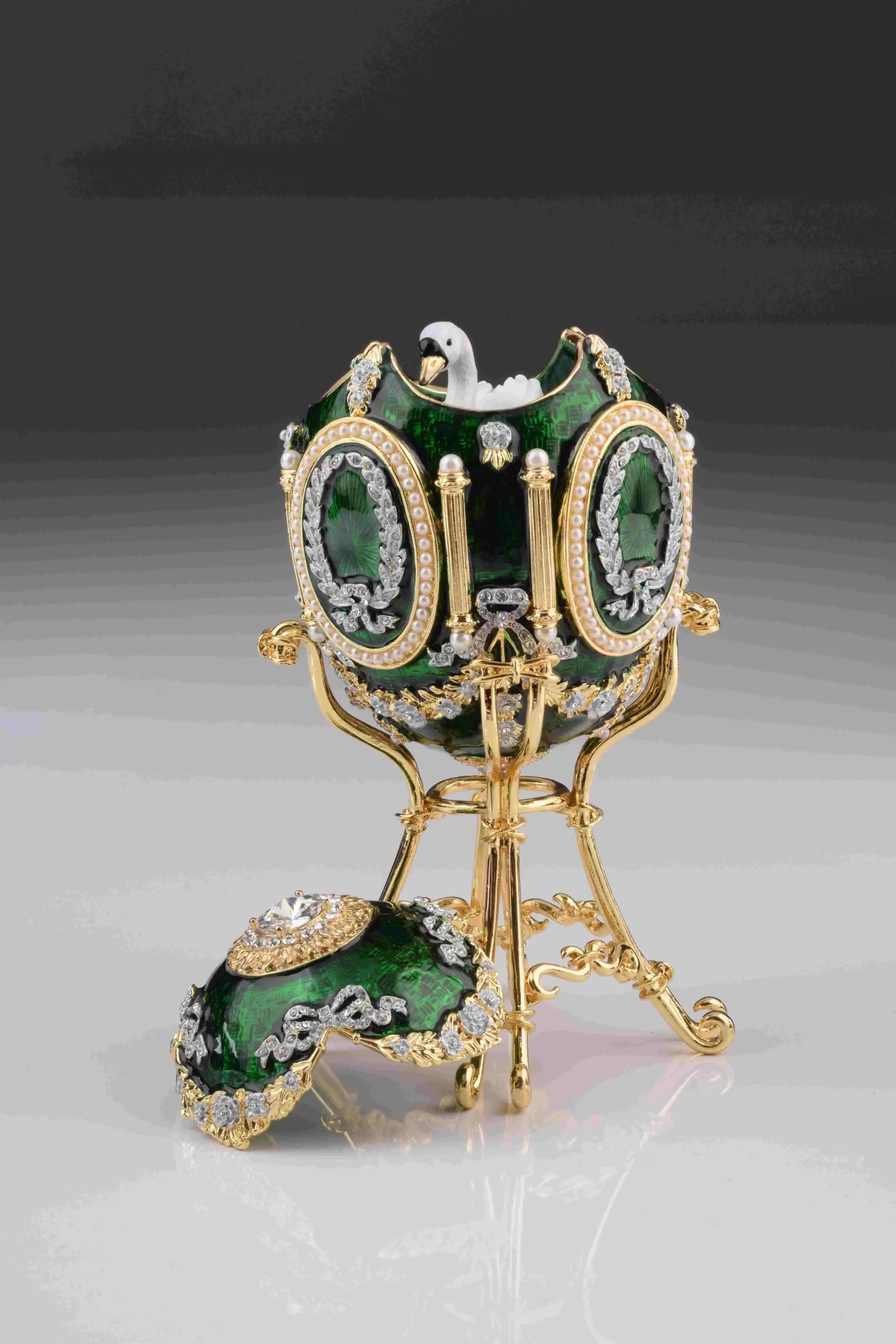 Green Faberge Egg with Swan Inside
