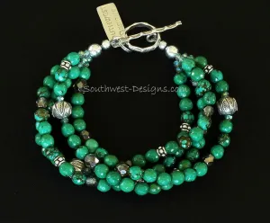 Green Turquoise Faceted Rounds 4-Strand Bracelet with Fire Polished Glass, Ornate Sterling Silver Rounds, Sterling Wheel Spacers and Textured Sterling Toggle Clasp