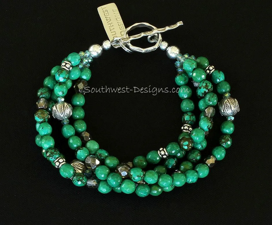 Green Turquoise Faceted Rounds 4-Strand Bracelet with Fire Polished Glass, Ornate Sterling Silver Rounds, Sterling Wheel Spacers and Textured Sterling Toggle Clasp