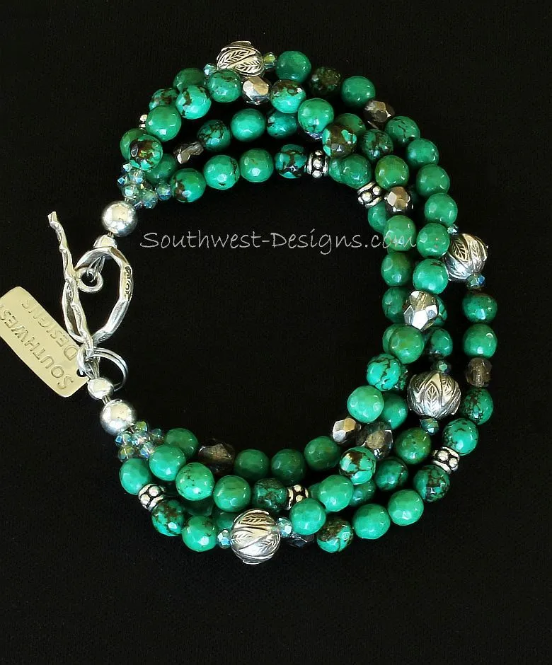 Green Turquoise Faceted Rounds 4-Strand Bracelet with Fire Polished Glass, Ornate Sterling Silver Rounds, Sterling Wheel Spacers and Textured Sterling Toggle Clasp