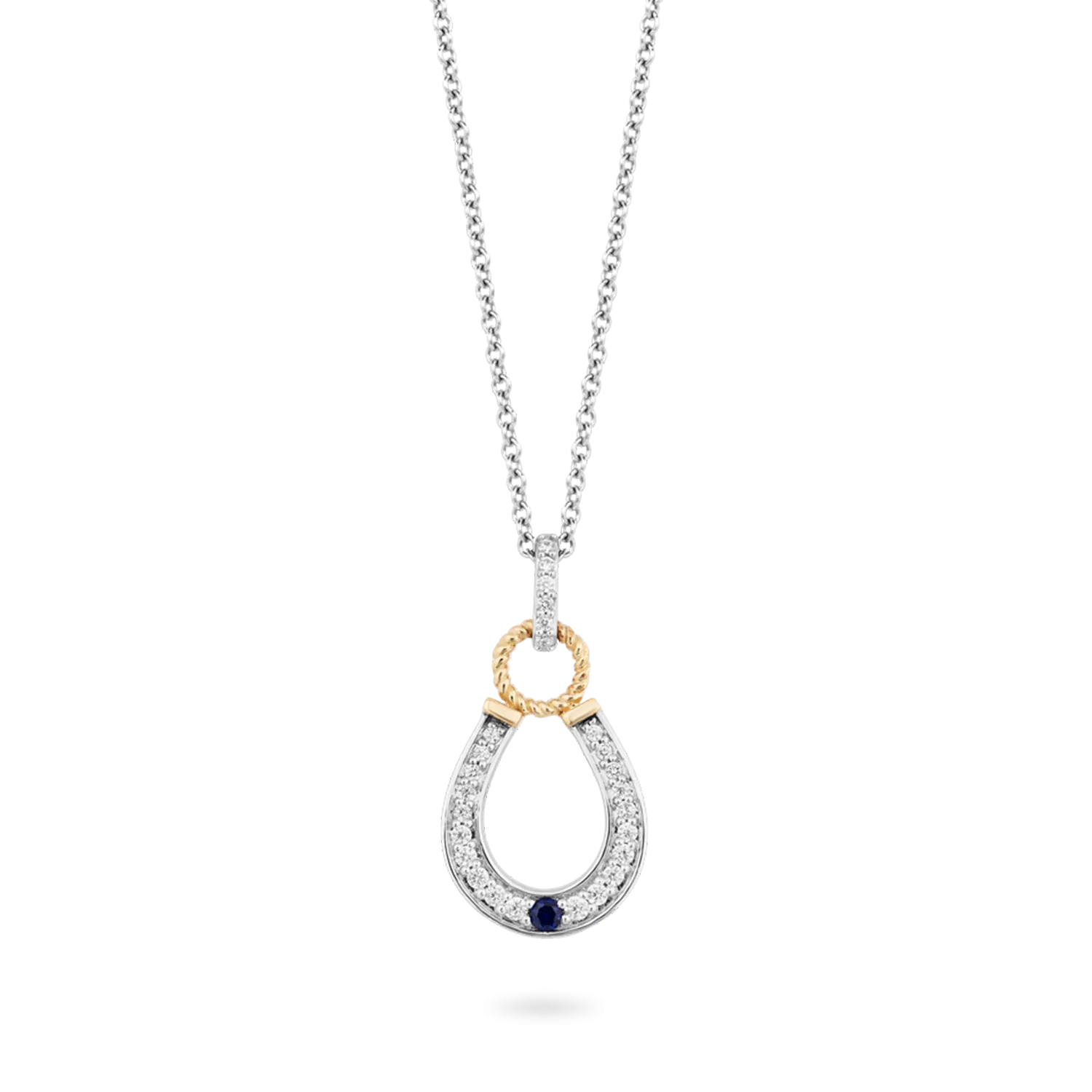 Hallmark Fine Jewelry Good Luck Horseshoe Pendant in Sterling Silver & 14K Yellow Gold with Created Blue Sapphire & Diamonds