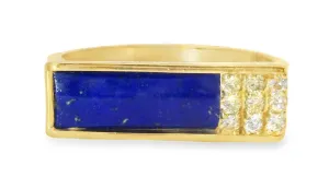 Handsome Estate 14K Yellow Gold Lapis Lazuli Diamond Mens Unisex Ring