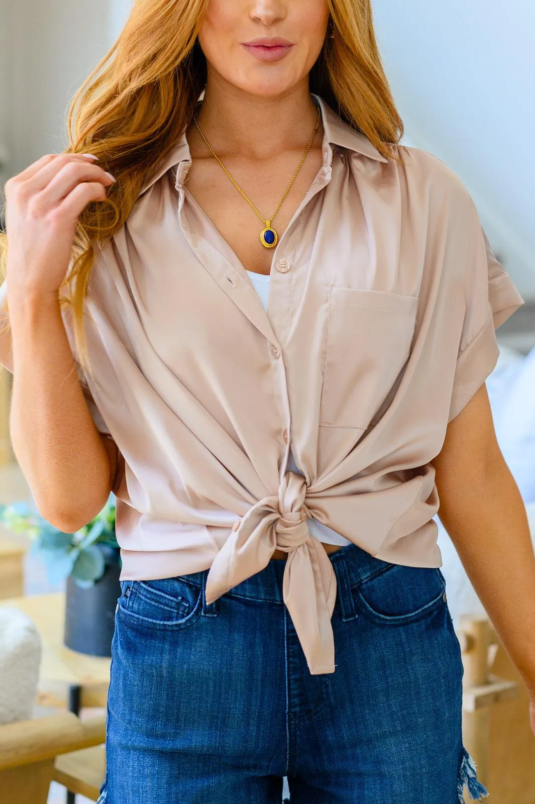Hazel Blues® |  Never Have I Ever Button Down Blouse in Champagne