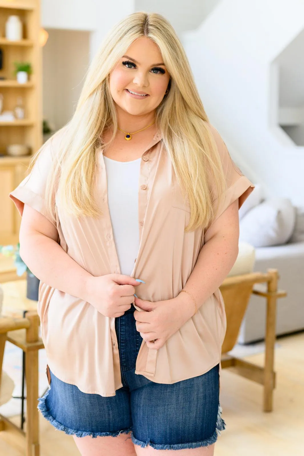 Hazel Blues® |  Never Have I Ever Button Down Blouse in Champagne