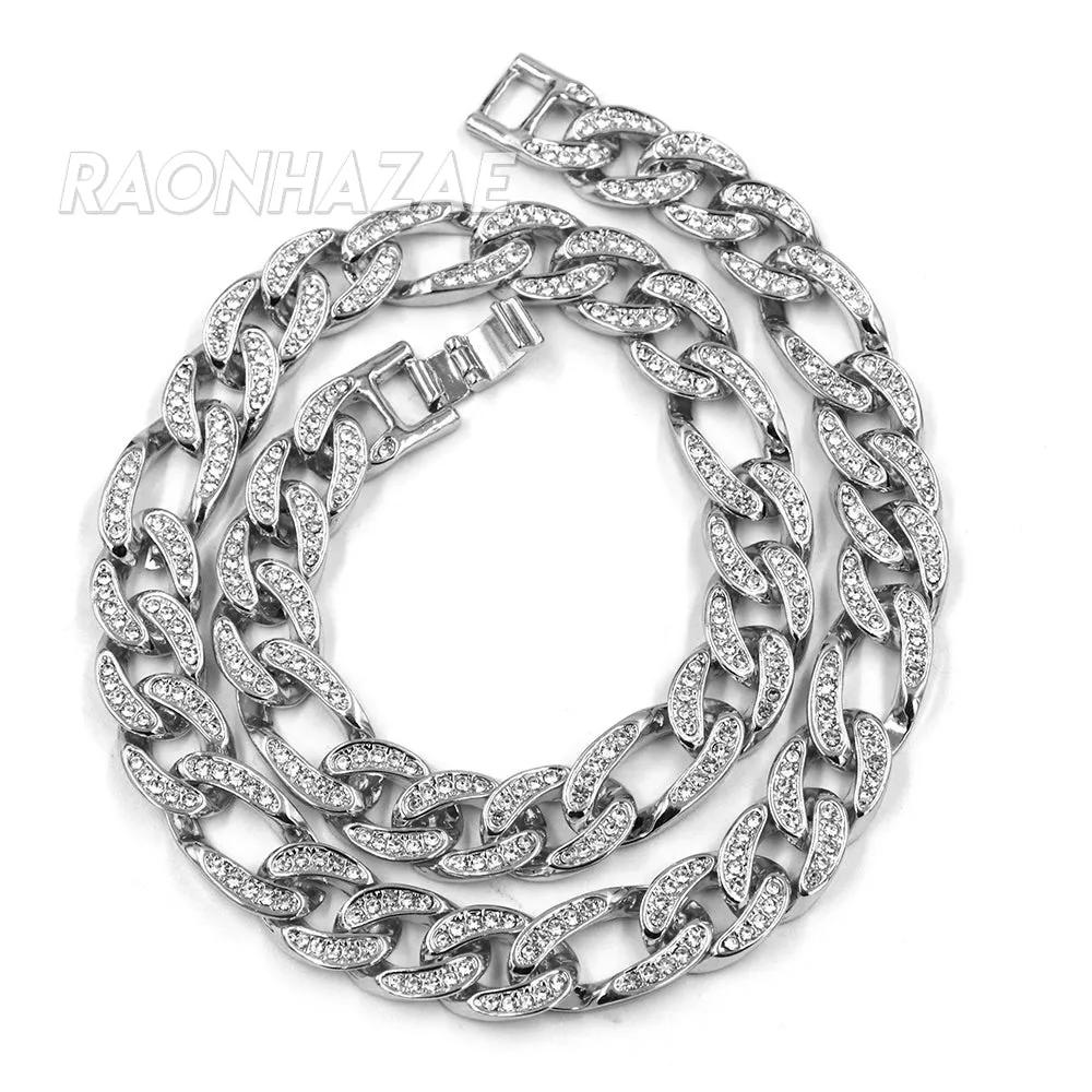 Hip Hop Fully Iced Mens 12mm Heavy Figaro Chain (Multiple Sizes 9"-36") Silver
