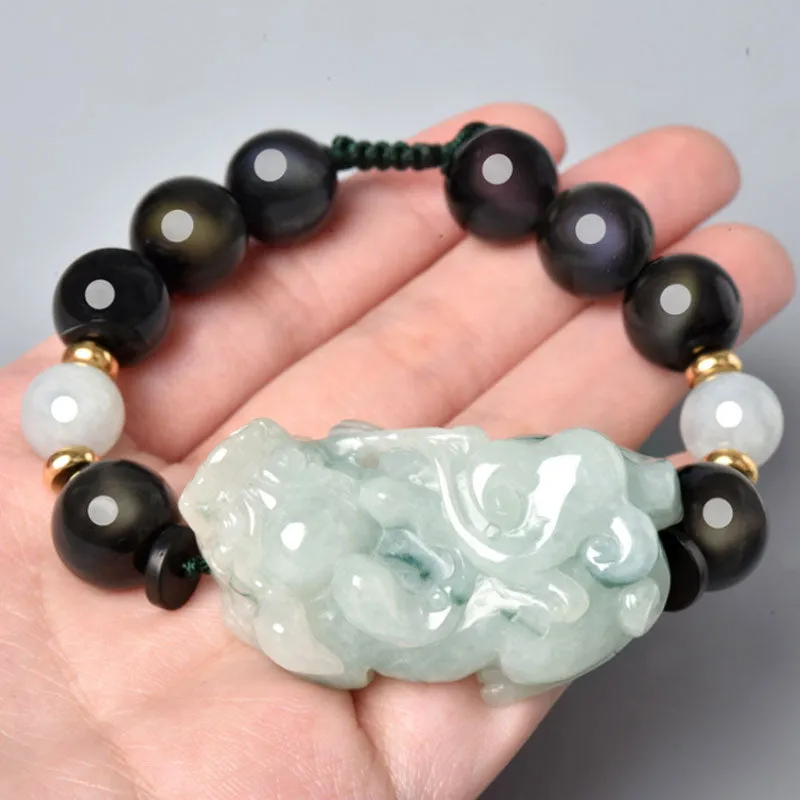 Ice Jade Ruyi Pixiu Bracelet with Rainbow Eye Obsidian Beads For Men and Women