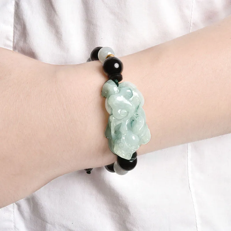 Ice Jade Ruyi Pixiu Bracelet with Rainbow Eye Obsidian Beads For Men and Women