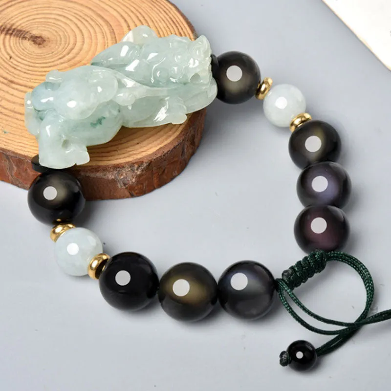 Ice Jade Ruyi Pixiu Bracelet with Rainbow Eye Obsidian Beads For Men and Women