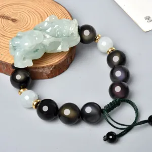 Ice Jade Ruyi Pixiu Bracelet with Rainbow Eye Obsidian Beads For Men and Women