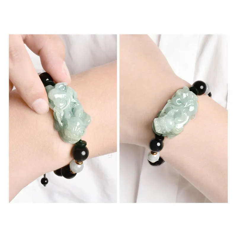 Ice Jade Ruyi Pixiu Bracelet with Rainbow Eye Obsidian Beads For Men and Women