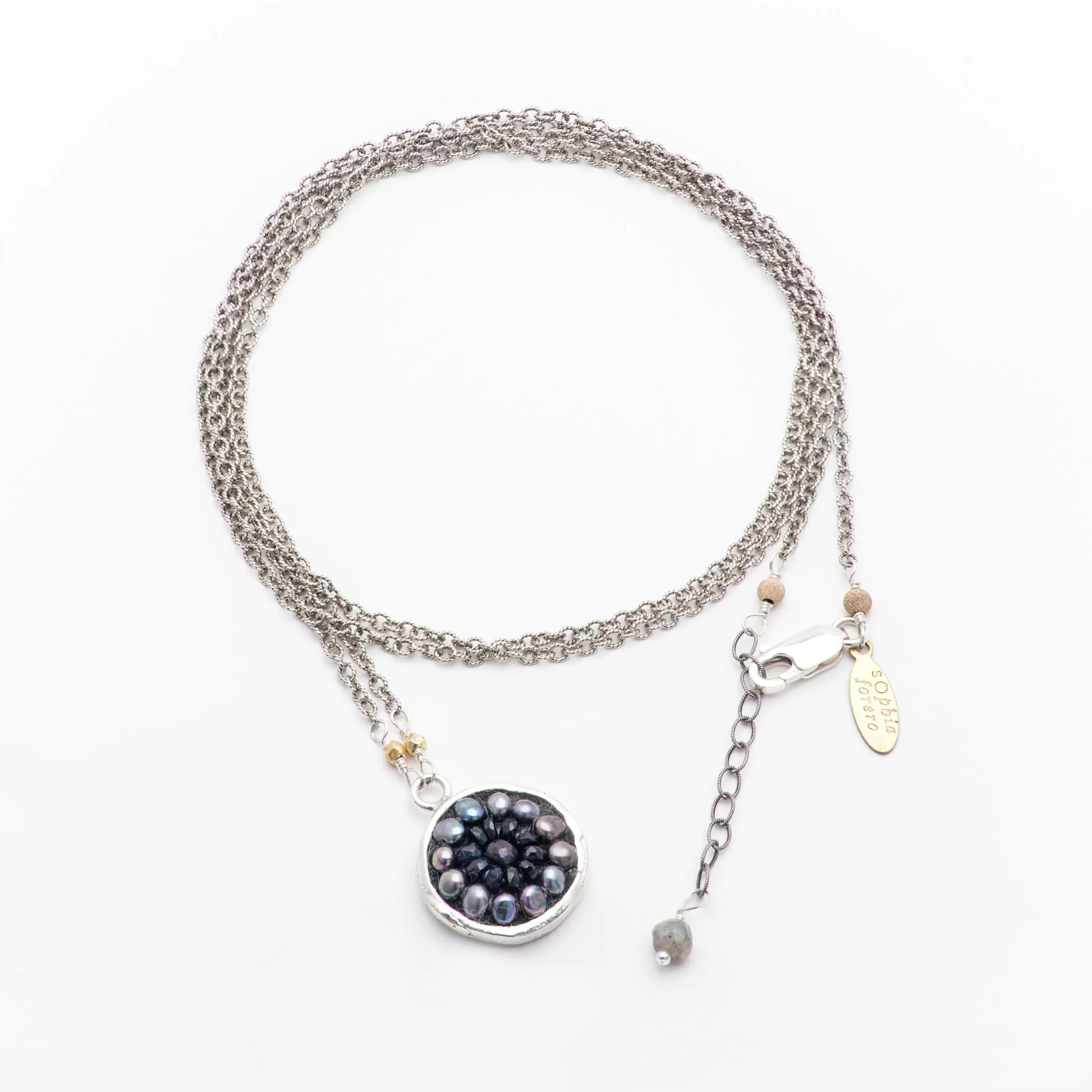 Iconic Blue Sapphire and Peacock Pearl Mosaic Necklace on Silver Chain