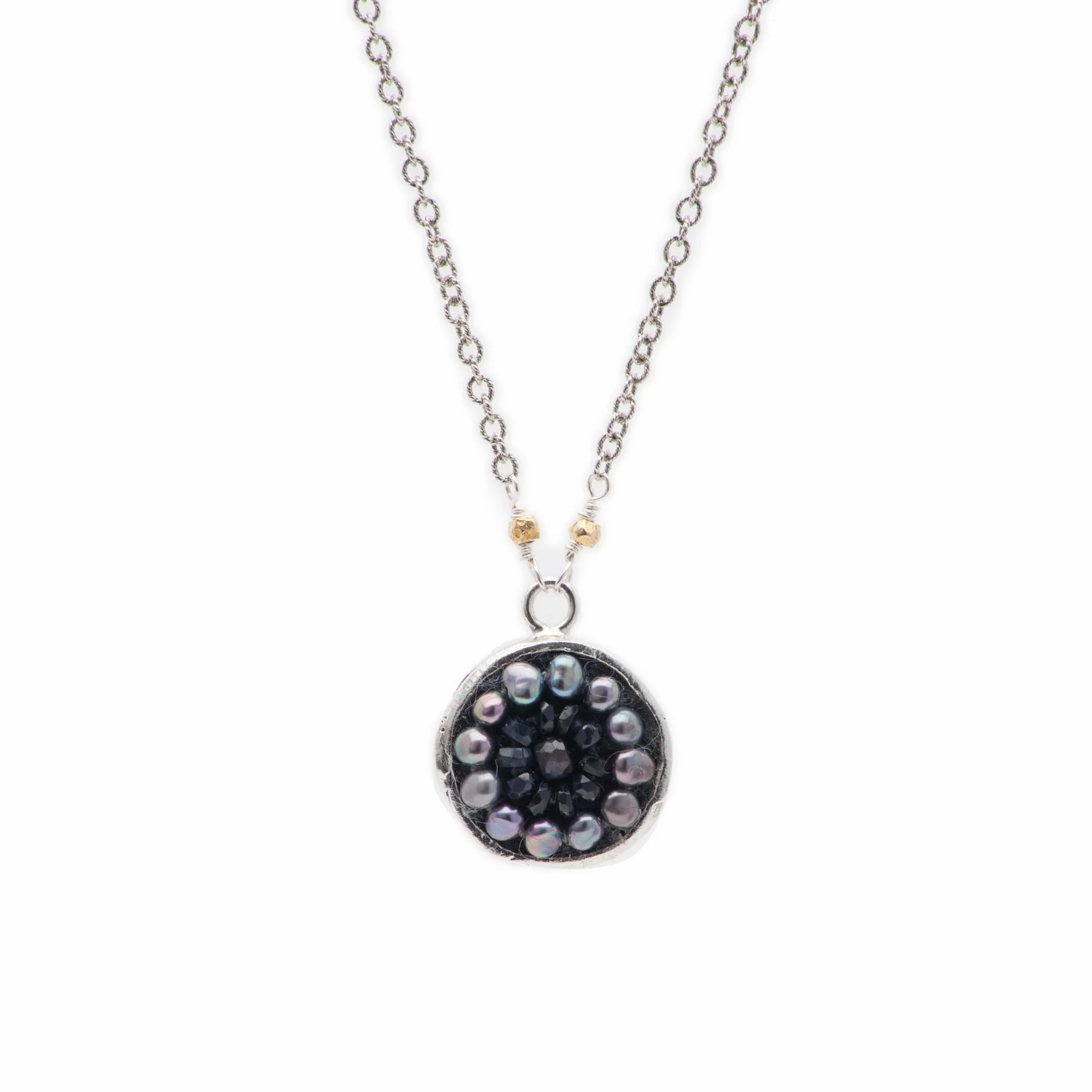 Iconic Blue Sapphire and Peacock Pearl Mosaic Necklace on Silver Chain