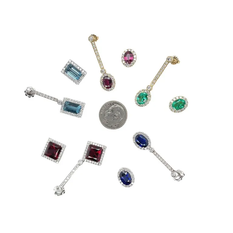 Interchangeable Aquamarine Drop Earrings with Diamond Line Tops in White Gold