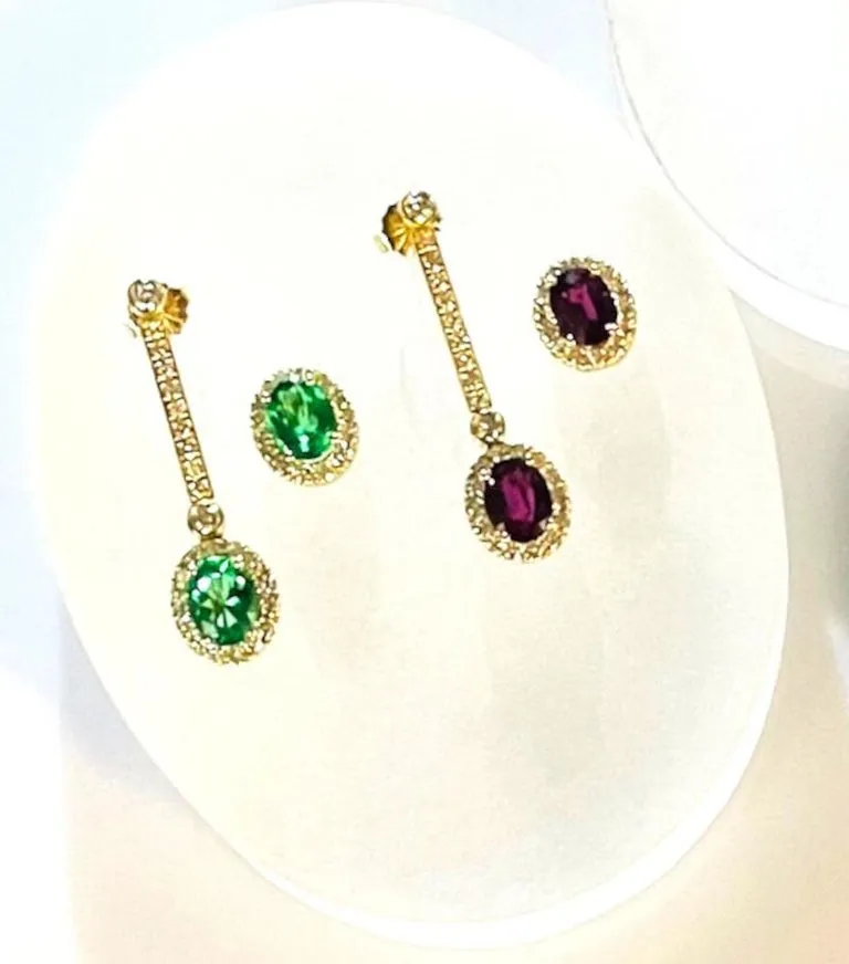 Interchangeable Emerald Drop Earrings with Diamond Line Tops in 18k Yellow Gold