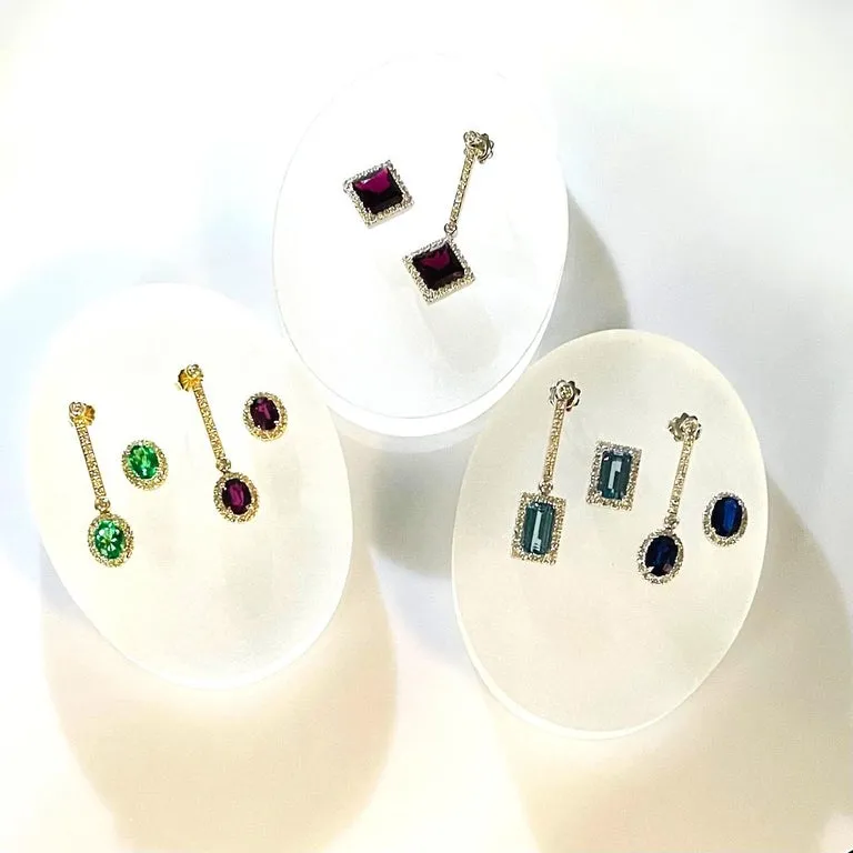 Interchangeable Emerald Drop Earrings with Diamond Line Tops in 18k Yellow Gold