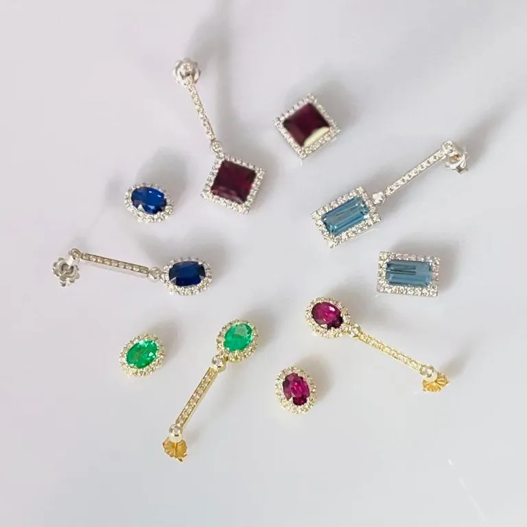 Interchangeable Emerald Drop Earrings with Diamond Line Tops in 18k Yellow Gold