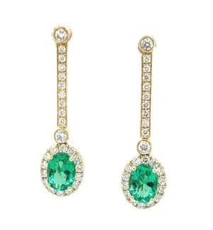 Interchangeable Emerald Drop Earrings with Diamond Line Tops in 18k Yellow Gold