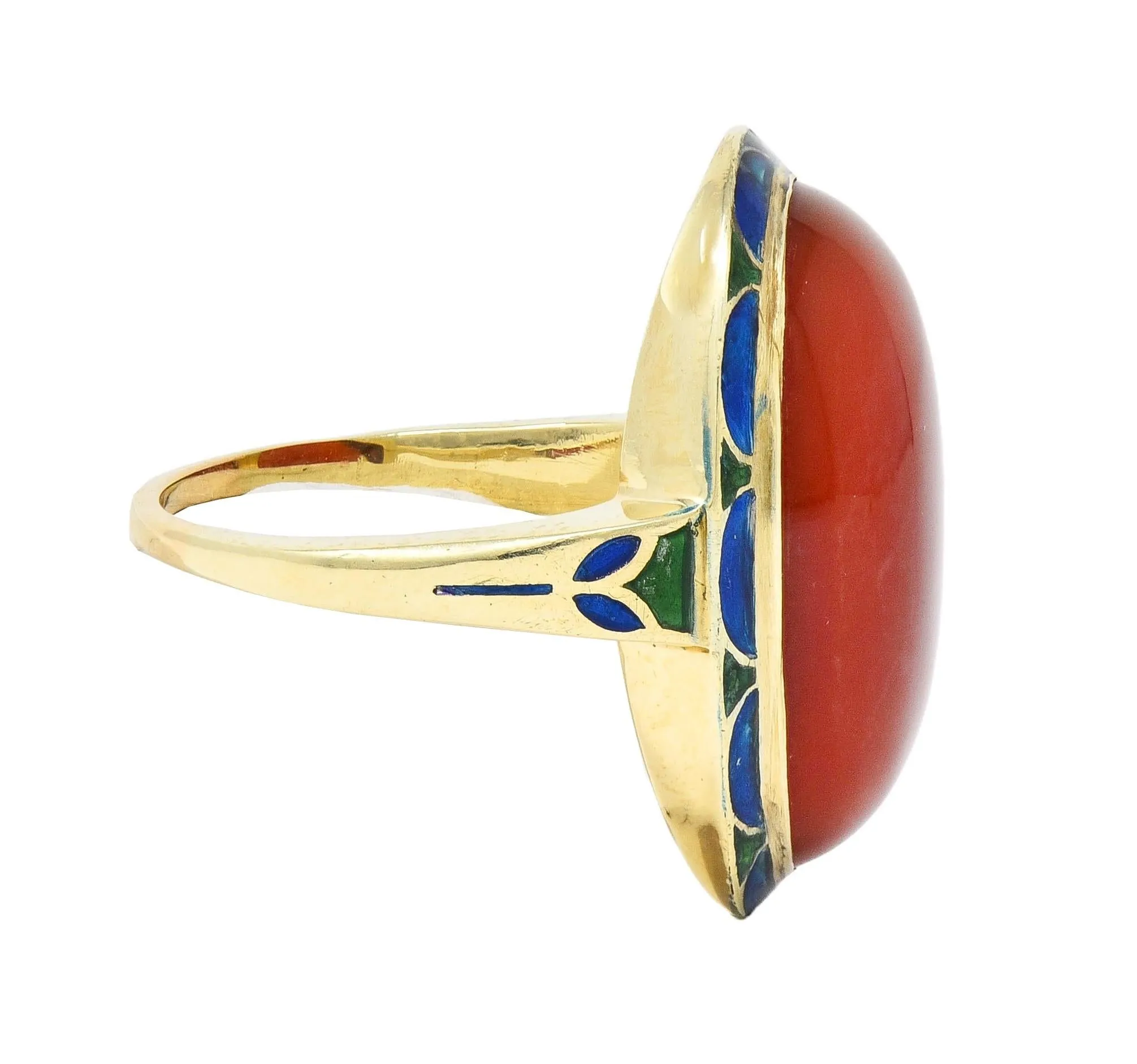 Jones & Woodland Co. Early Art Deco Carnelian Enamel 14 Karat Yellow Gold Antique Ring
