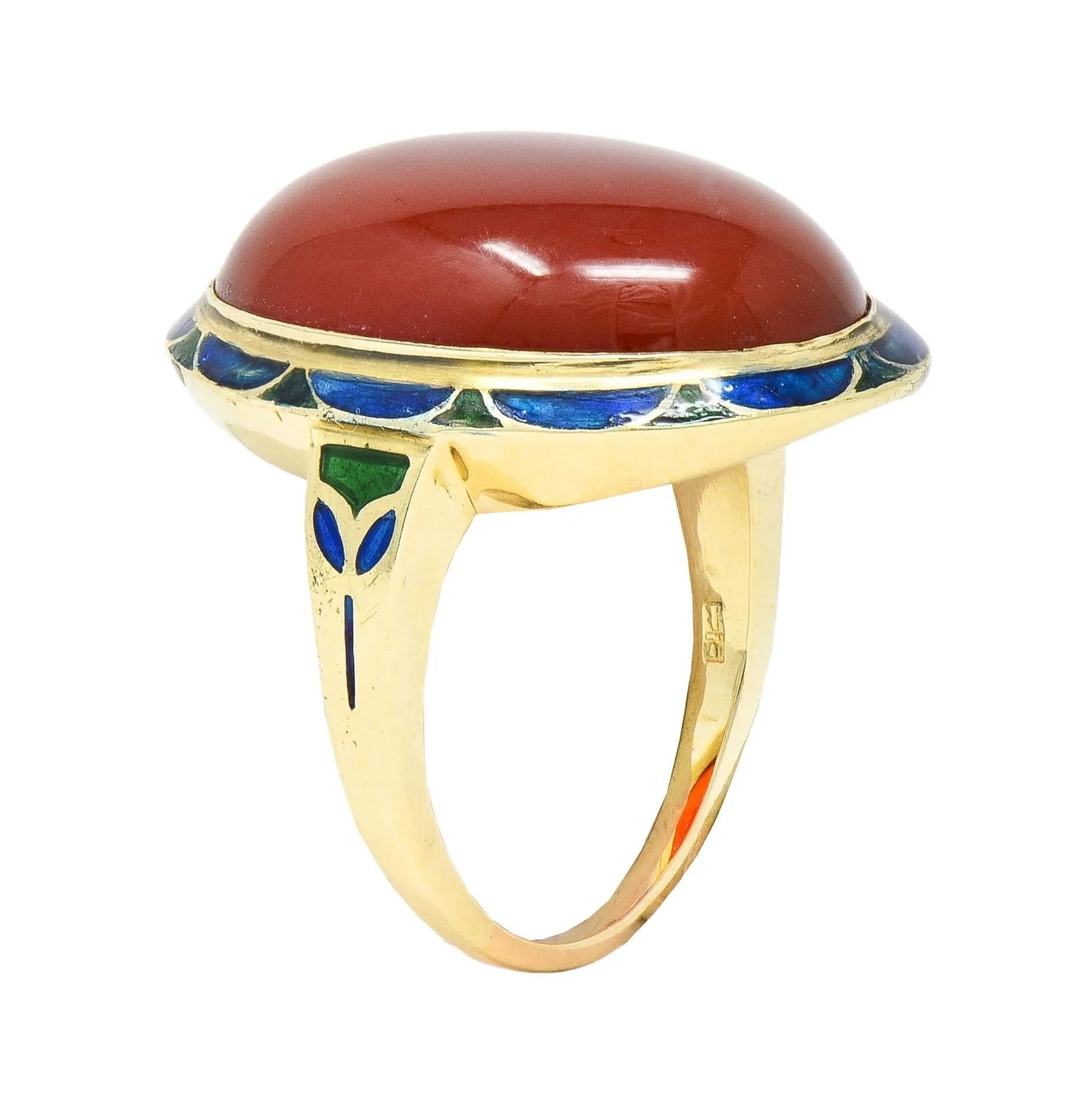 Jones & Woodland Co. Early Art Deco Carnelian Enamel 14 Karat Yellow Gold Antique Ring