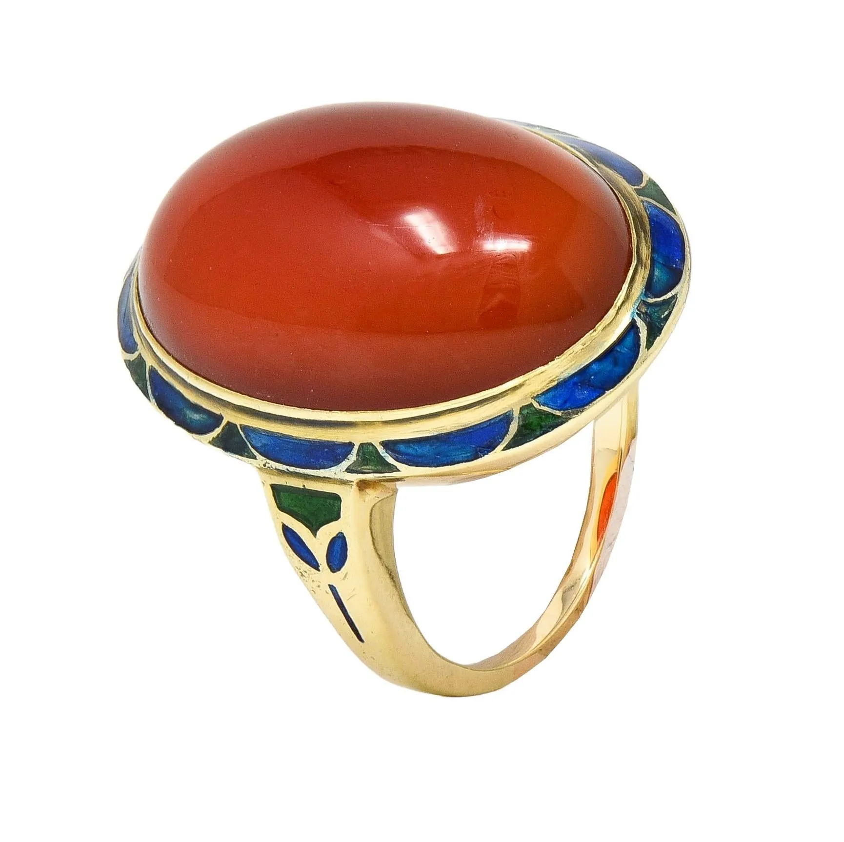 Jones & Woodland Co. Early Art Deco Carnelian Enamel 14 Karat Yellow Gold Antique Ring